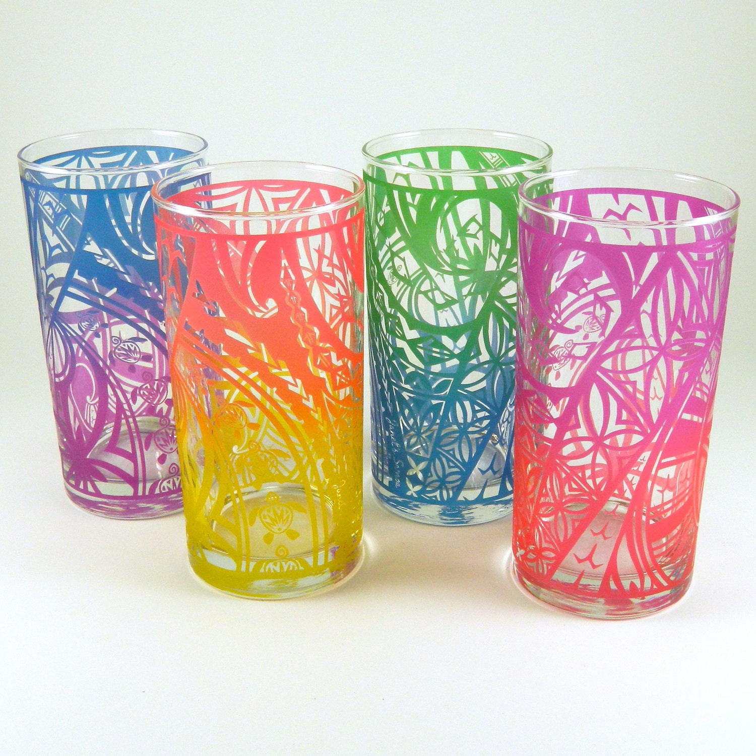 Wide High Ball Tumblers - Polynesian Motif - Set of 4 - Inlayed - Custom Painted and Etched Glassware