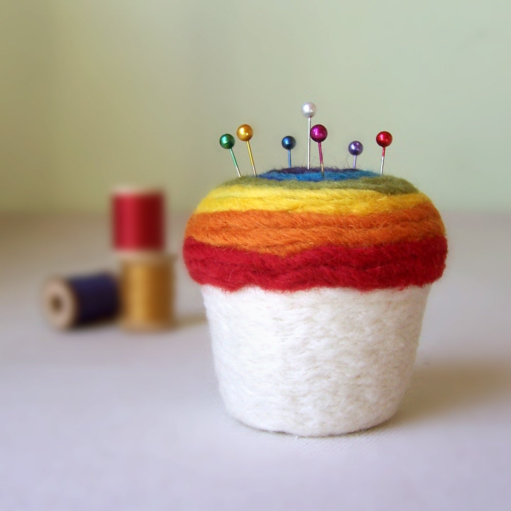 Cupcake Pincushion - Felted Wool, Rainbow Top