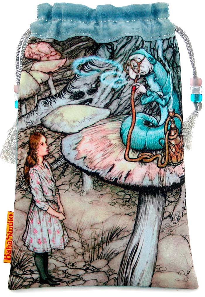 Alice and the Caterpillar. Drawstring Alice in Wonderland limited edition pouch, satin print and pale blue Japanese kimono.