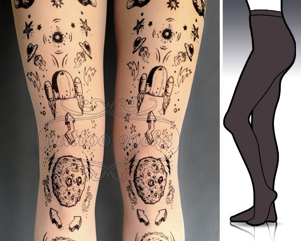 S/M Lost in Space Dark Grey tattoo tights / stockings /  full length  / pantyhose / nylons