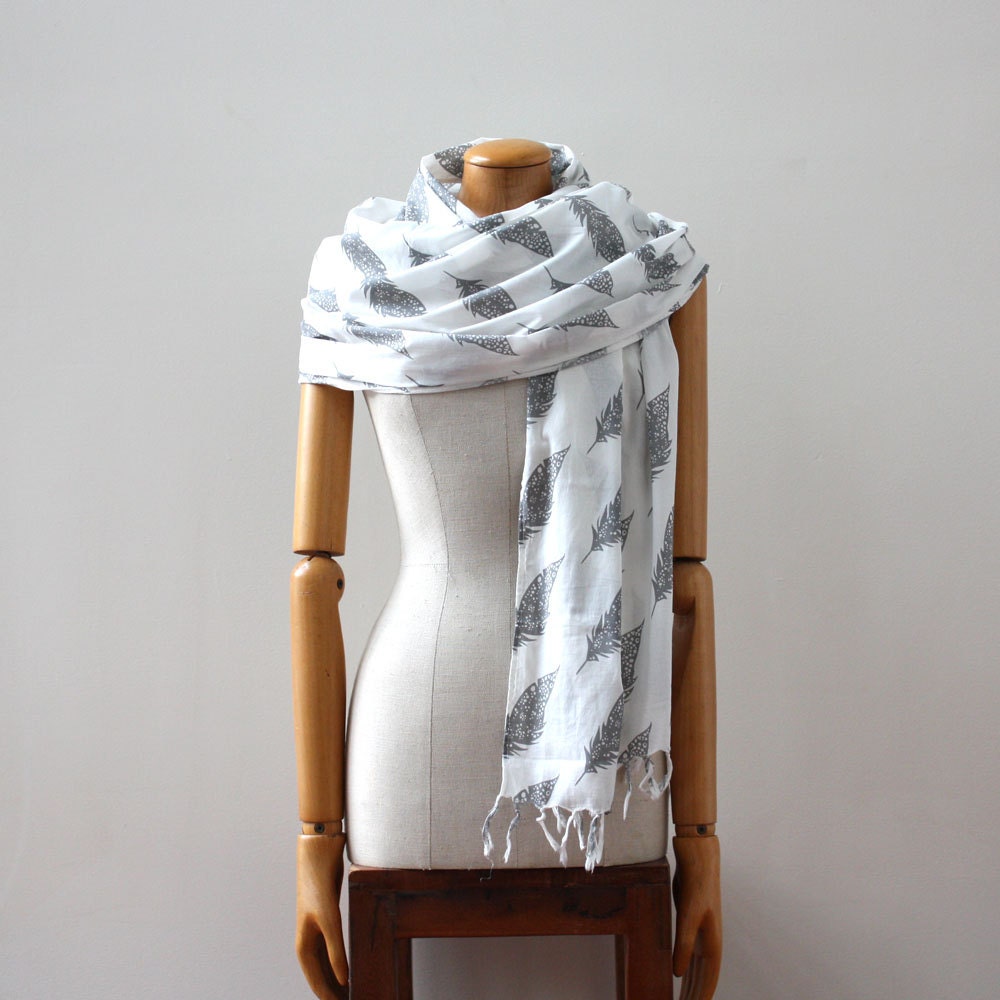 Organic Cotton Voile Scarf - Grey Feathers