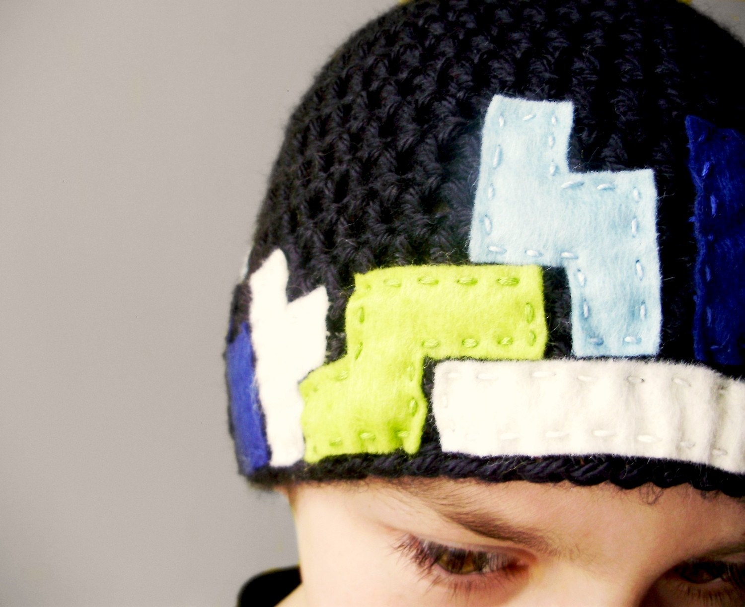 Video Game Crochet Hat -Tetris Beanie in Black with Lime, Sky and Navy Blue, and White Felt for Baby / Toddler / Boy / Girl / Man / Woman