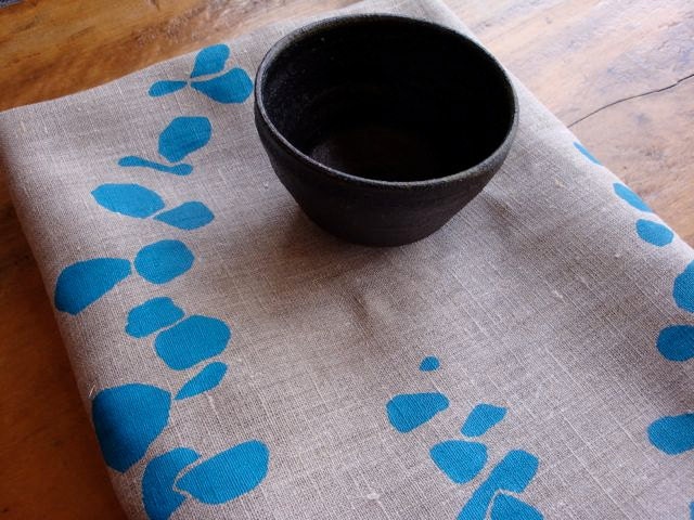 snow gum - ice blue - 100% linen tea towel - flax (hand printed)