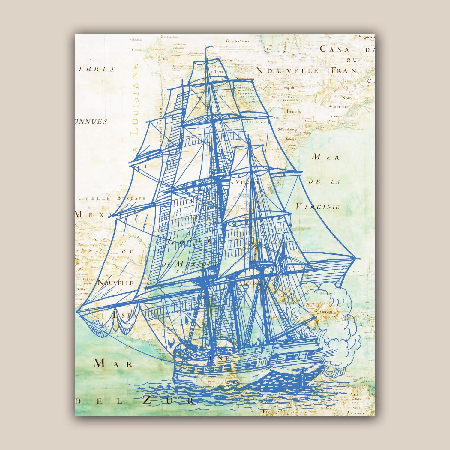 Blue frigate sailboat Print, 11X14 print, old map Mexico golf print,  Marine  Nautical art, Coastal Living