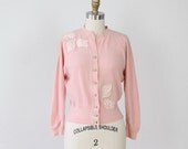 Pink 1950s Cashmere Cardigan Sweater with Appliques  - L