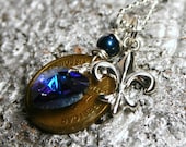 New Orleans, LA Token Necklace ... Vintage Streetcar Coin ... Fleur DeLis Mardi Gras Blue Purple Heart True Blood