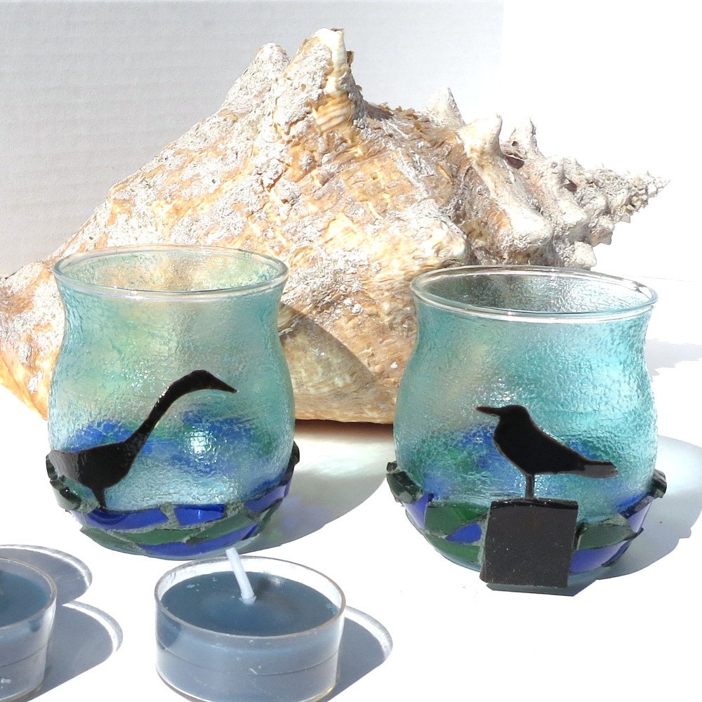 Pair of Tea Light Candle Holders - Glass Mosaic with Copper Enameled Birds