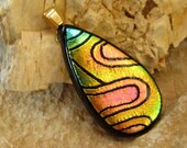 Dichroic Fused Glass Hand Etched  Pendant,  Fused GlassTeardrop Pendant,    -Gold and Pink Teardrop Pendant