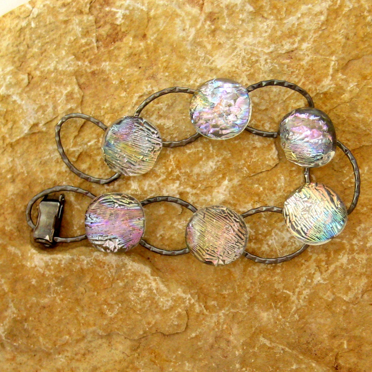 Fused Glass Bracelet , Dichroic Fused Glass Link Bracelet ,Crystal Rainbow Fused Glass Link Bracelet