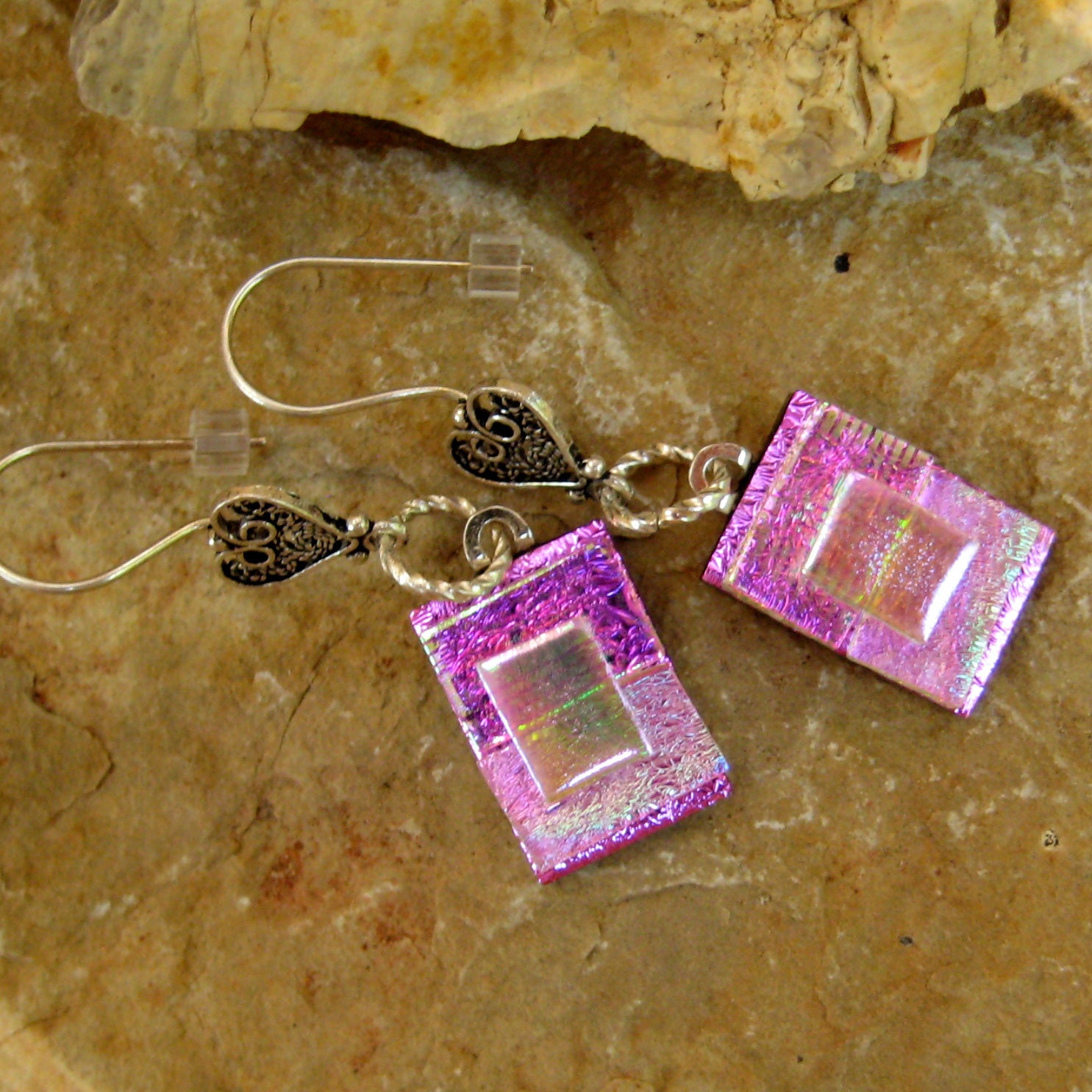 Pink Dichroic Fused Glass Earrings, Dichroic Fused Glass French Hooks - Hot Pink Sparkle