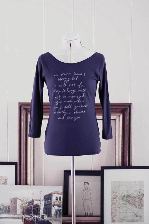 Mr. Darcy Proposal shirt- navy blue - S.M.L.XL - silver or white ink- Jane Austen