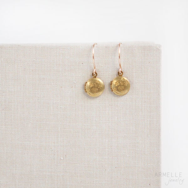 miniature locket earrings . 14kt gold filled .