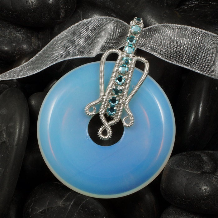 Opalite and Sterling Silver Donut Necklace With Blue Crystals