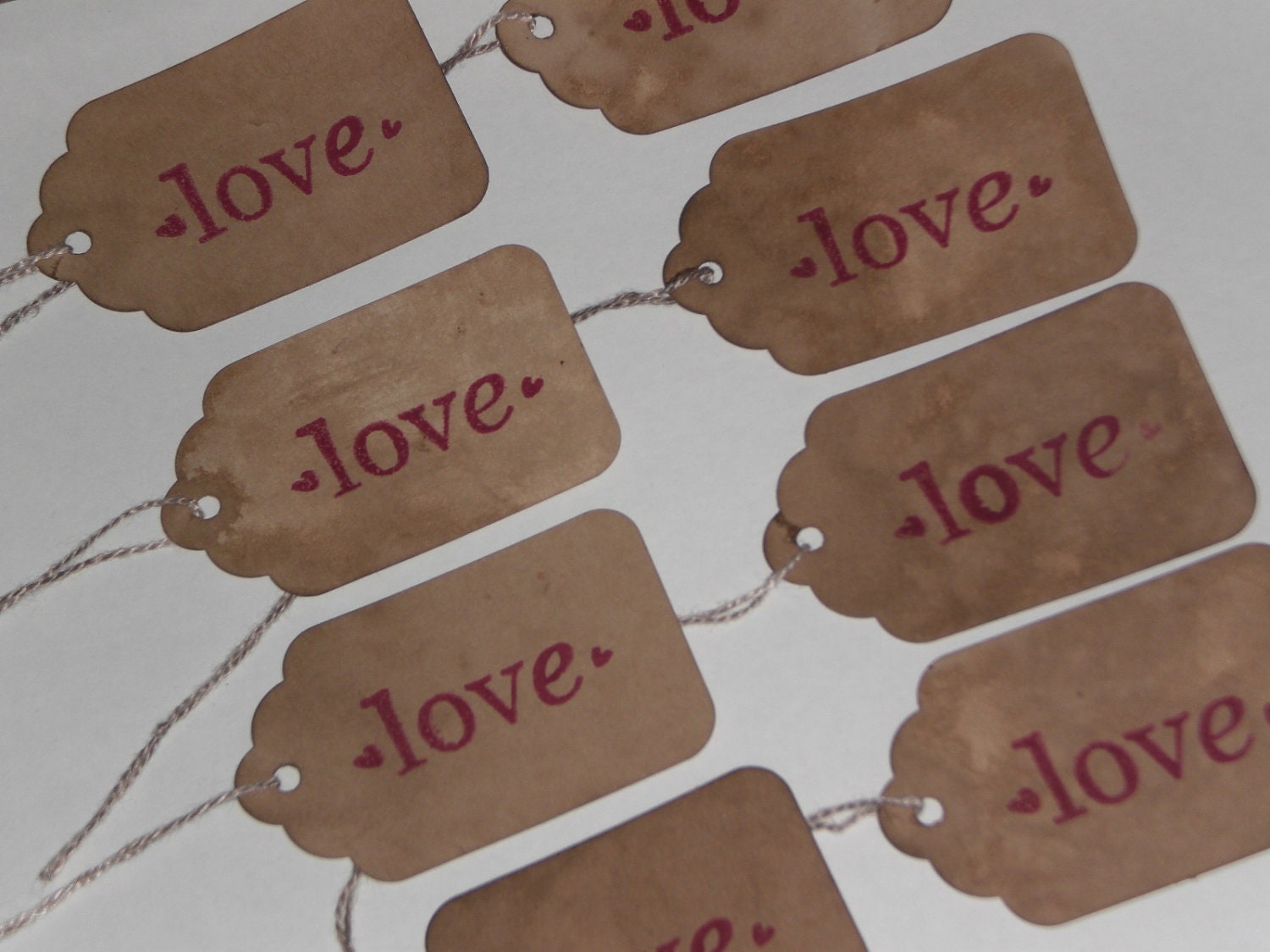 Set of 8 - Primitive Stained Hang Tags - Happy Valentine's Day - Love with Hearts - Feb. 14 - Tie Ons - Gift Tag - Scrapbooking