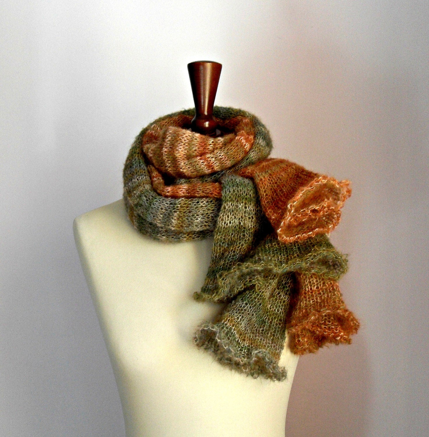 Convertible Handknit Scarf - One Garment, Five Ways Handknit Scarf Cowl - Green Shades and Orange Shades - Italian Kid Mohair Super soft