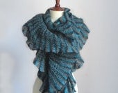 Ruffles Waves Handknit Scarf Cowl - Blue Grey Gray Black - Super soft Italian Fashion
