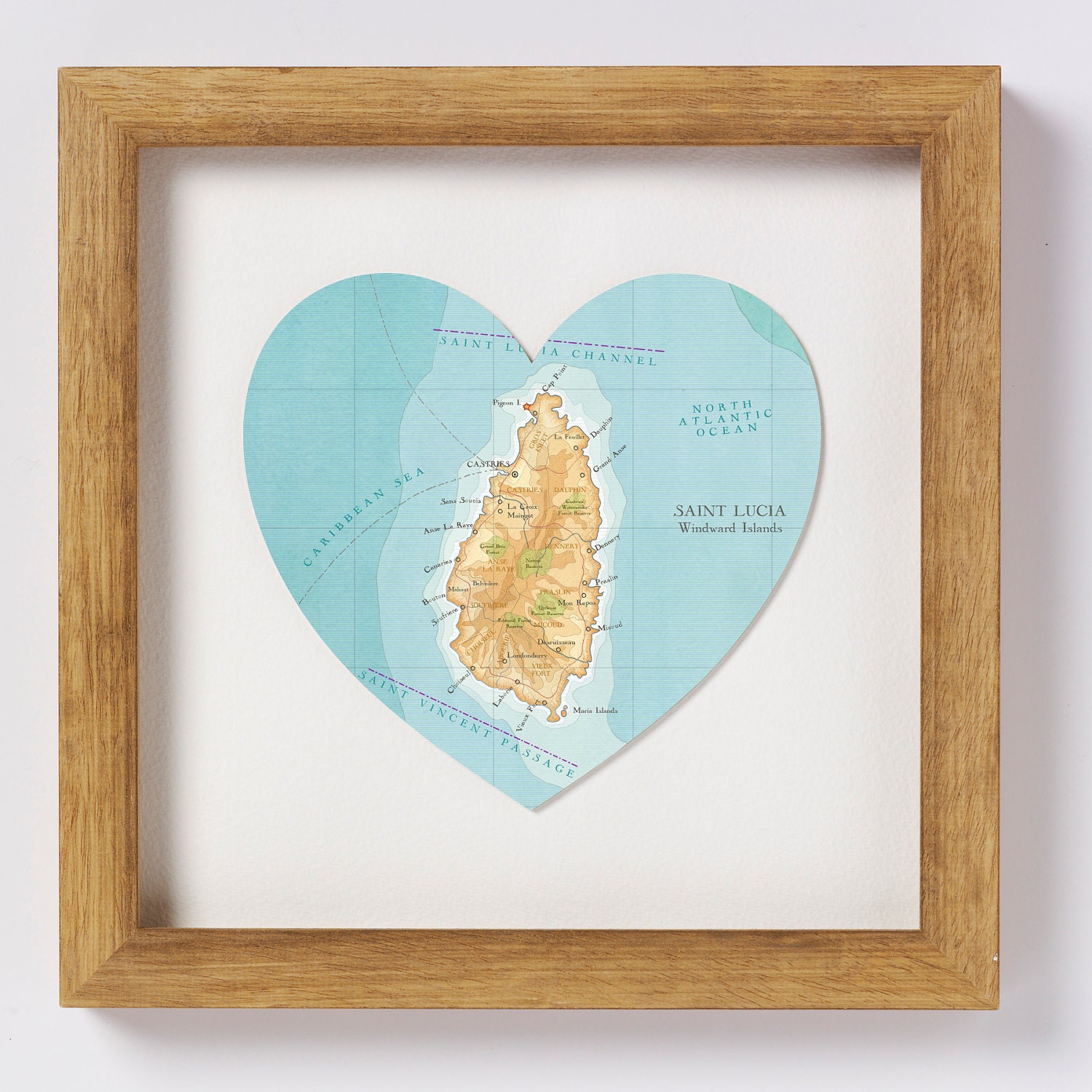 St Lucia map heart print - framed