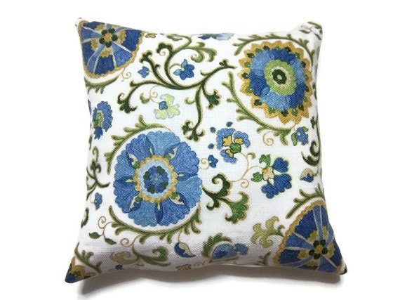 Two Navy Blue Light Blue Olive Green Yellow Gold White Pillow Covers Suzani 18 inch Toss Throw Accent Covers