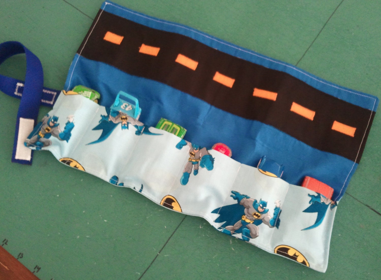 Car Travel Caddy Roll Up for 6 Matchbox or Hotwheels size cars - Blue Batman Fabric