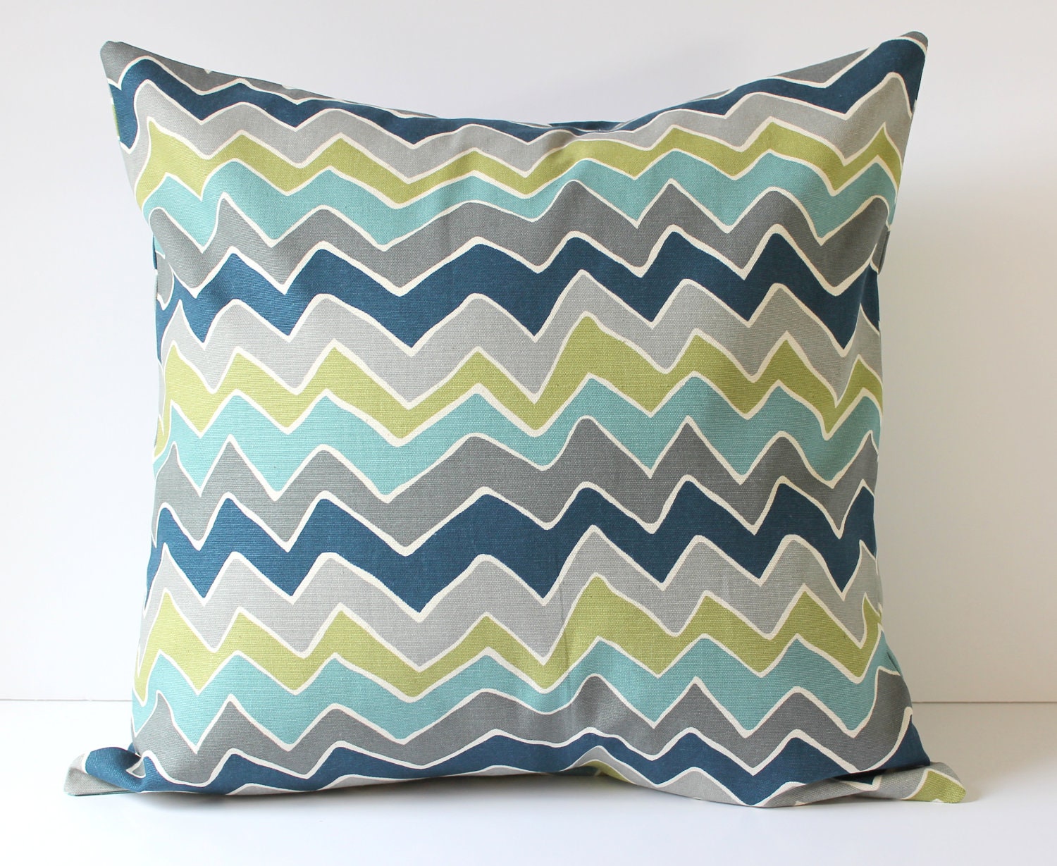 Decorative Pillows Cover - Felix Blue & Green on Natural Seesaw Chevron - 18 x 18 Throw Pillow - Baby Nursery Decor - Dorm Decor