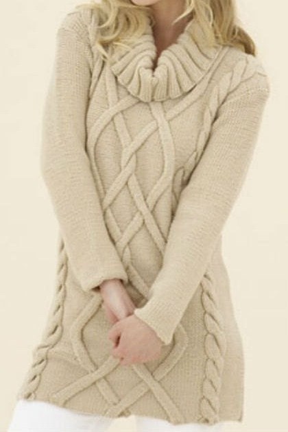 Hand Knit Long  Sweater Tunic  Cable Pattern With large Collar   from Extra FIne merino  Yarn Made to order
