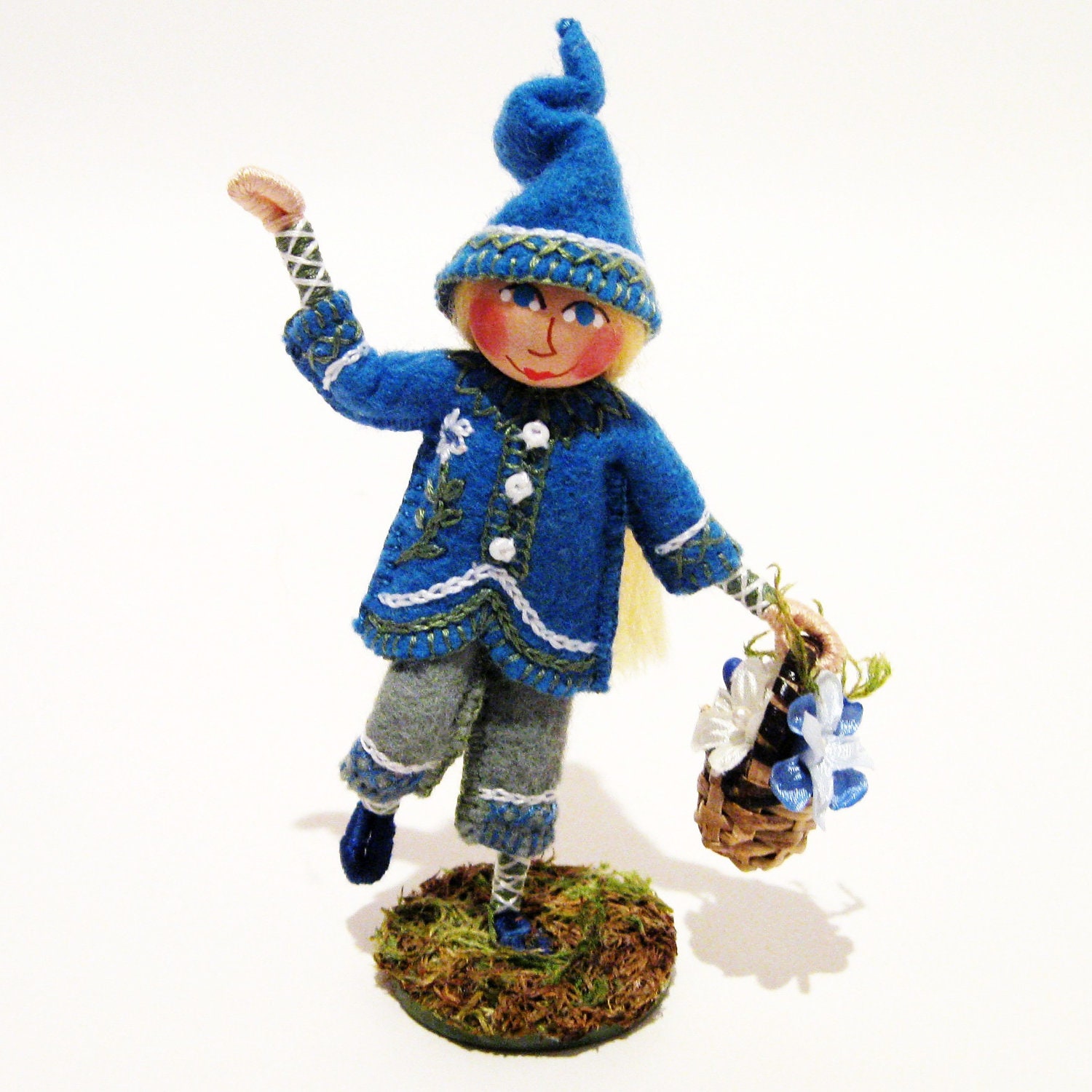Forget-Me-Not Gnome Art Doll, , Hand Embroidered