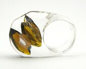 Brown Crystal Ring, Clear Resin Ring with Two Teardrops Amber Chocolate Zirconia, Modern Jewelry