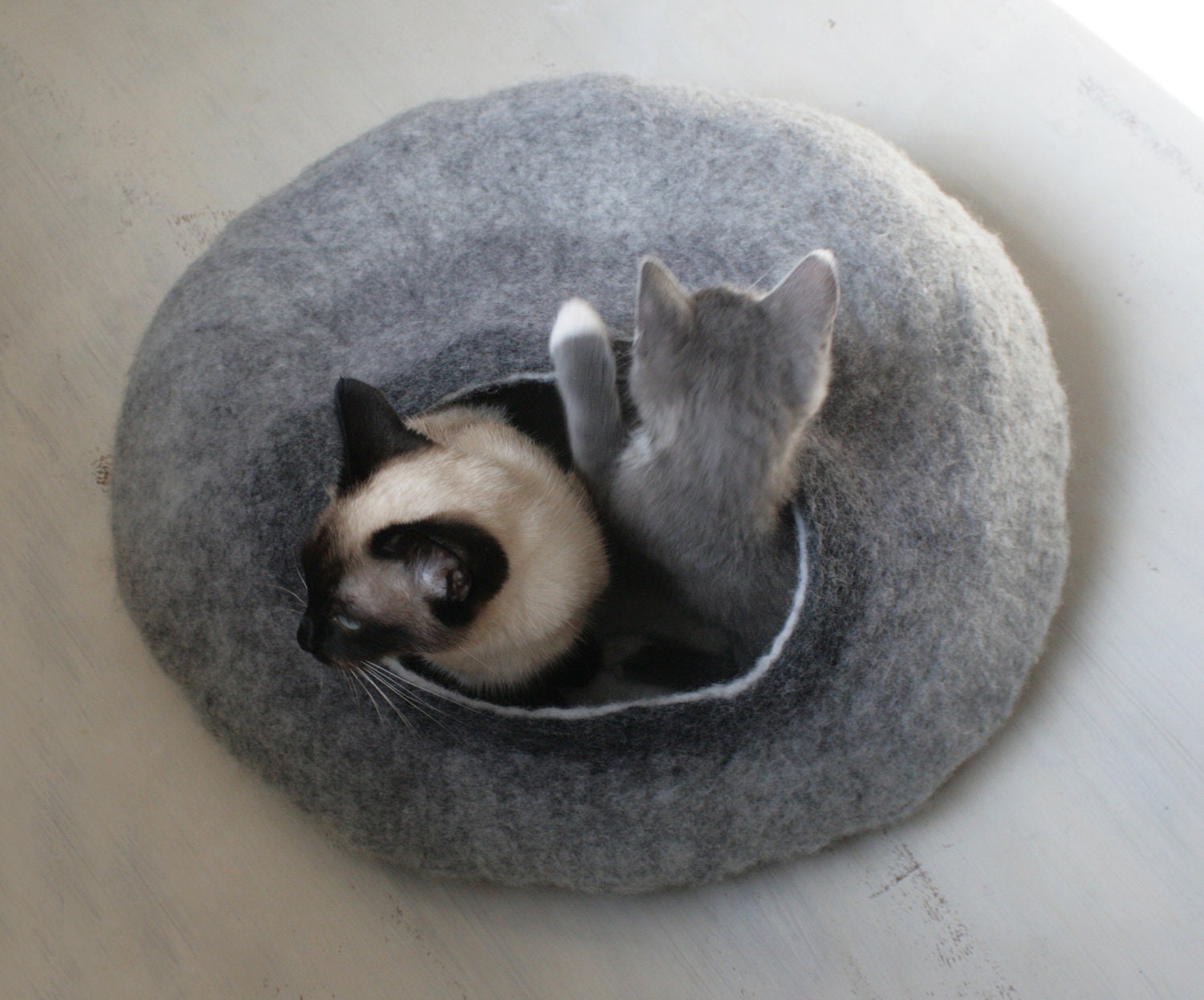 Cat Nap Cocoon / Cave / Bed / House / Vessel - Hand Felted Wool - Crisp Contemporary Design - READY TO SHIP Gray Cat Bubble