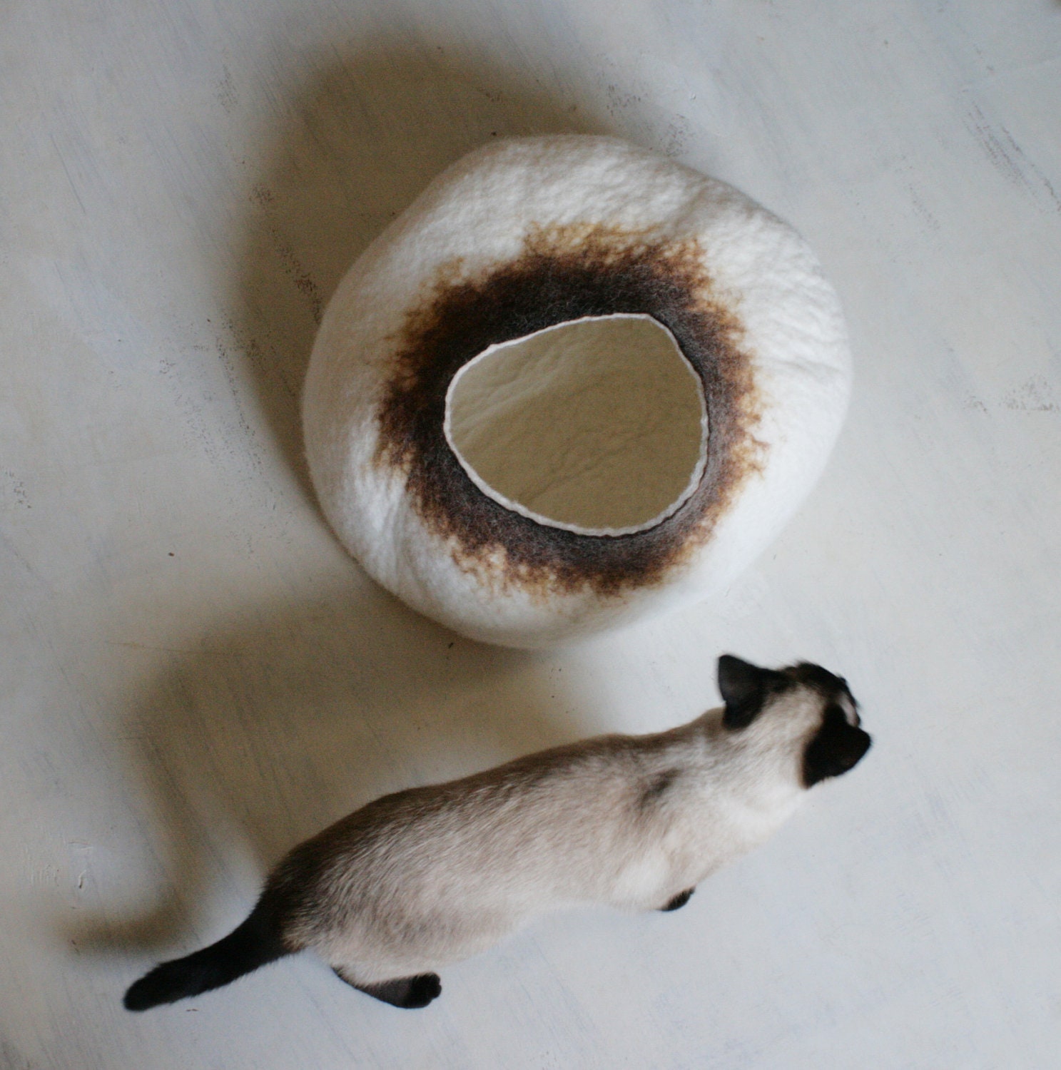 Cat Nap Cocoon / Cave / Bed / House / Vessel - Hand Felted Wool - Crisp Contemporary Design - READY TO SHIP Latte Bubble