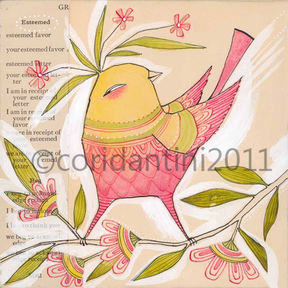 much esteemed, a 8 x 8 inch archival limited edition print of a whimsical songbird, by cori dantini