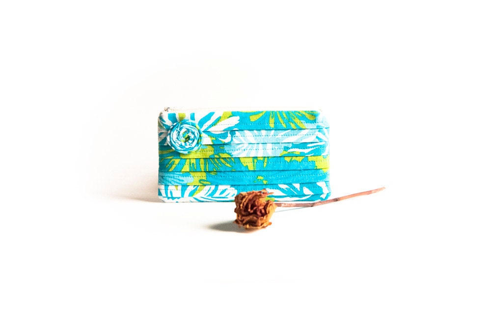 Wedding bridesmaid Gift Idea Clutch Pleated wedding bridal clutch purse bag Turquoise green white rose  by Lolos