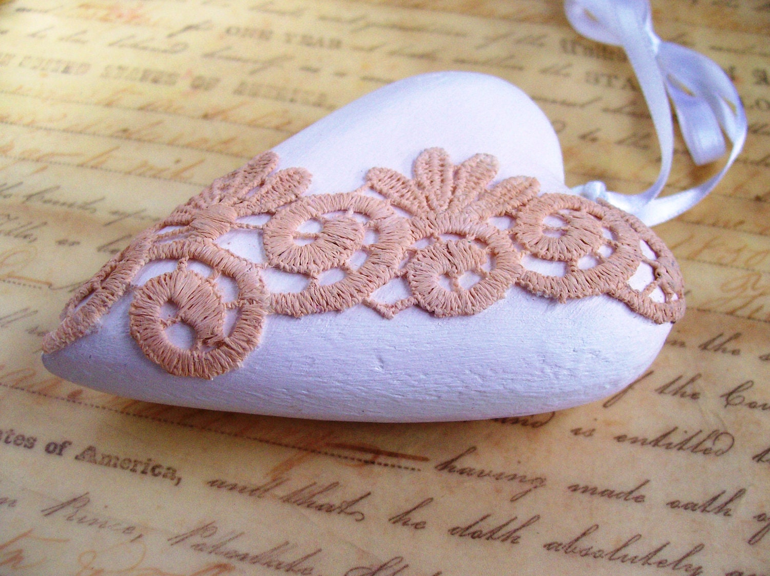 Romantic shabby chic white lace heart ornament wood