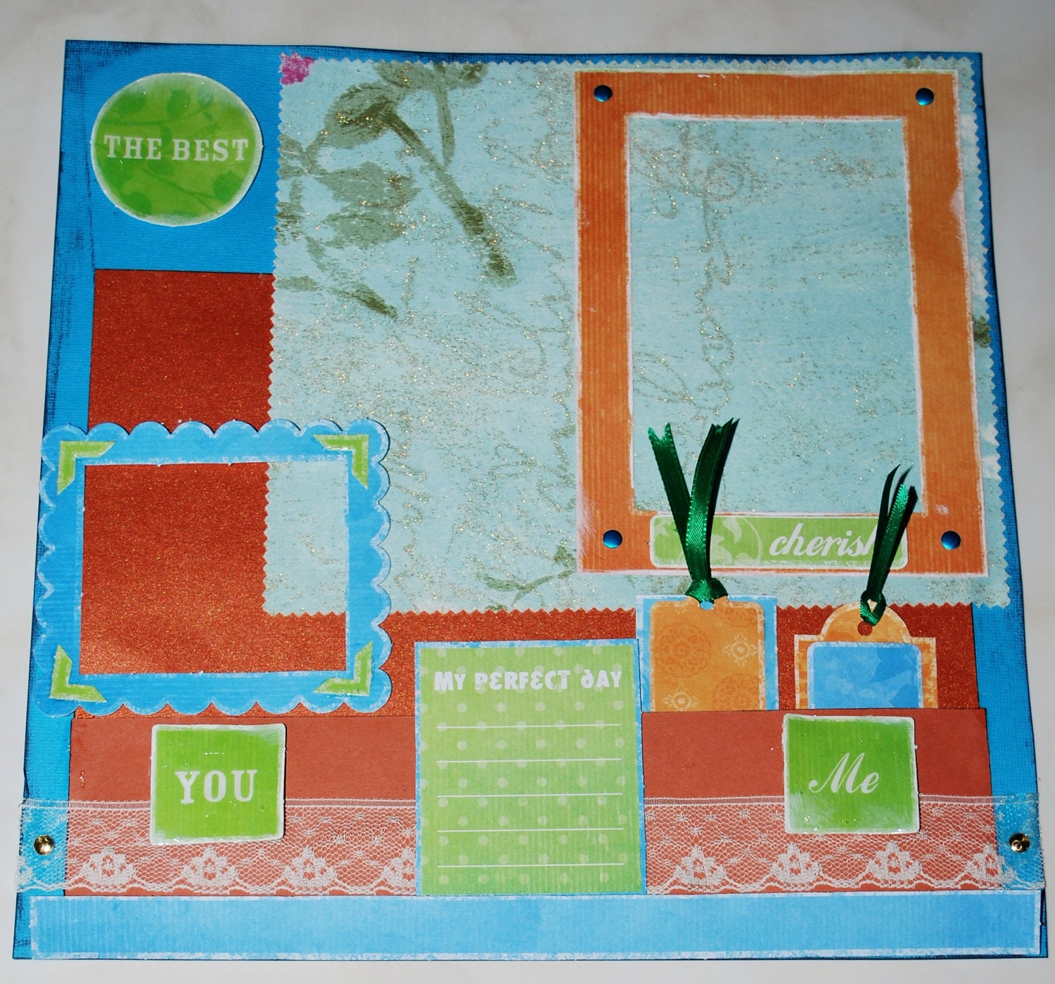 Premade Scrapbook Page or Photo Mat Pocket Tags 12x12 Me and You A Special Day Gold Blue Green Fabric