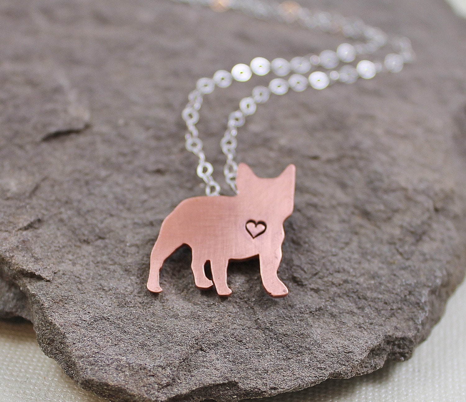 French Bulldog Love Necklace- Copper Pendant, Sterling Silver Chain, Frenchie, Dog