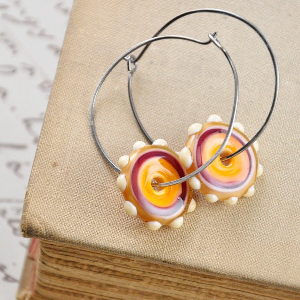Coral and Pink Glass Disc Hoop Earrings