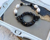 Vintage Black Rhinestone Baroque Pearl and Onyx One of a Kind Bracelet...Shadow