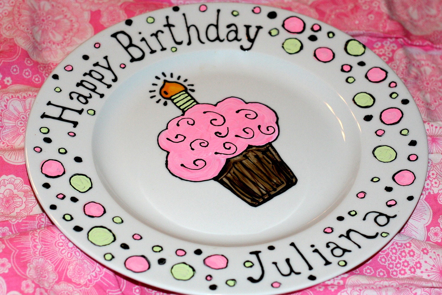 Happy Birthday Hand Painted Cupcake Custom 10.5 inch dinner sized Personalized Porcelain Plate