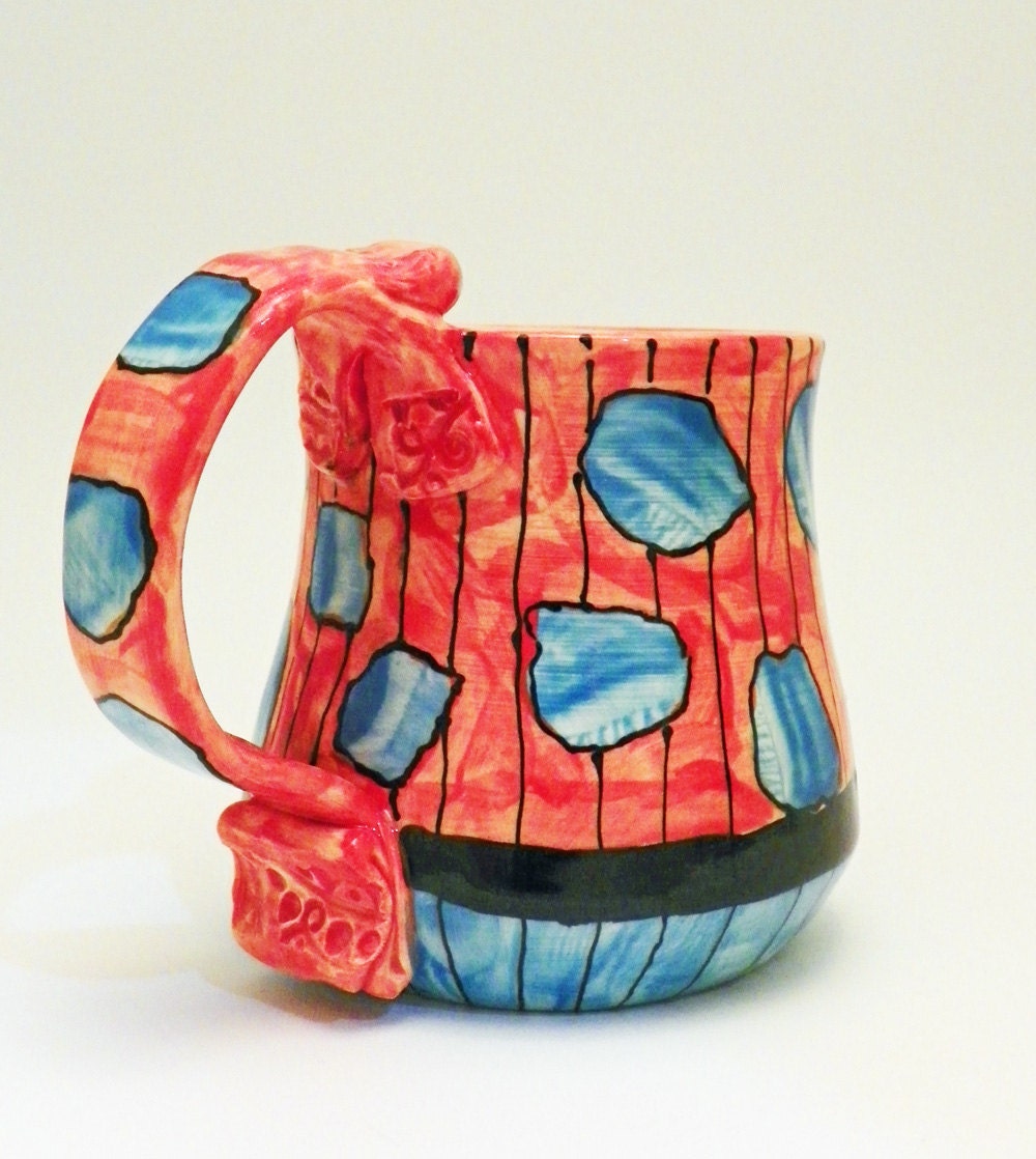 Ceramic Mug Tuquoise on Coral Spotted 12 Ounces Made to Order