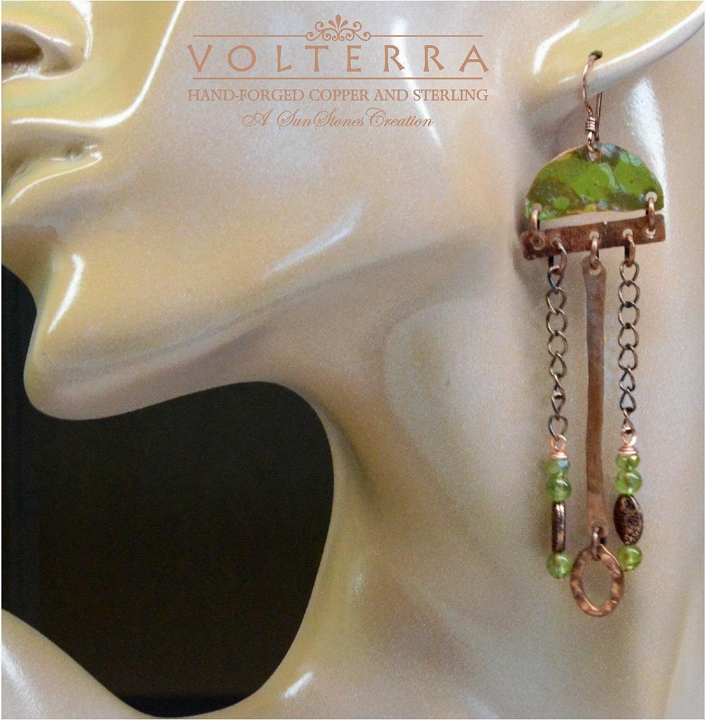 Hammered Rustic Copper Earrings with Peridot