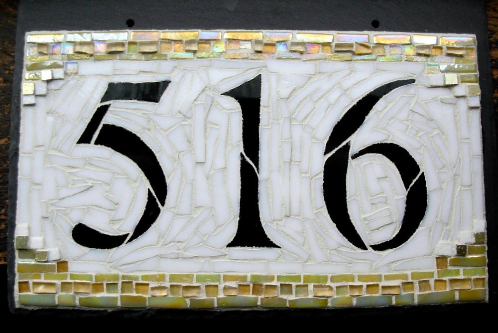 Mosaic House Number on Slate  3 digit