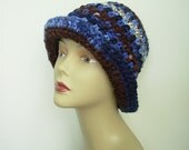 Hand Crocheted Brimmed Cloche Hat Denim Blue, Navy, Brown, Ivory