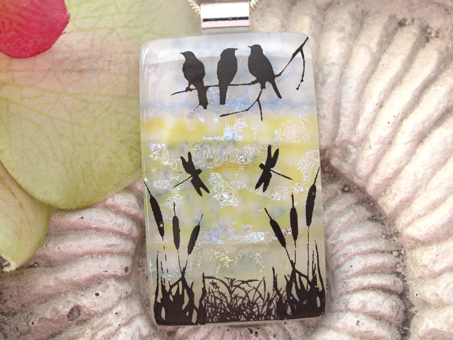 Bird Necklace - Dichroic Glass Jewelry - Dichroic Necklace -  Fused Glass Pendant  Jewelry 120612p102