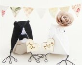 Linen and Lace Fabric Birds Wedding Cake Topper Love Birds with Engraved Hearts LINEN and LACE