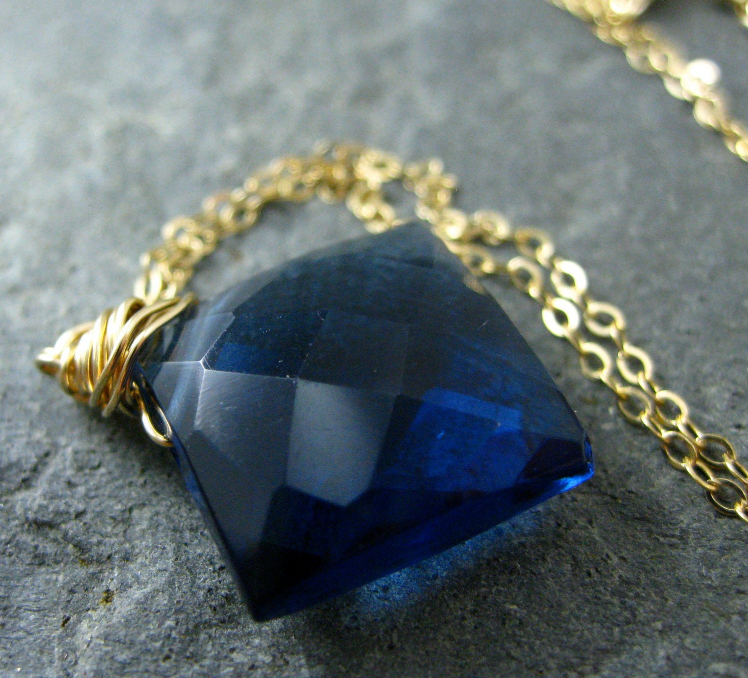 Lalia Necklace Faceted Kyanite Blue Quartz Wire Wrapped Pendant with 14k Gold Filled Fine Chain