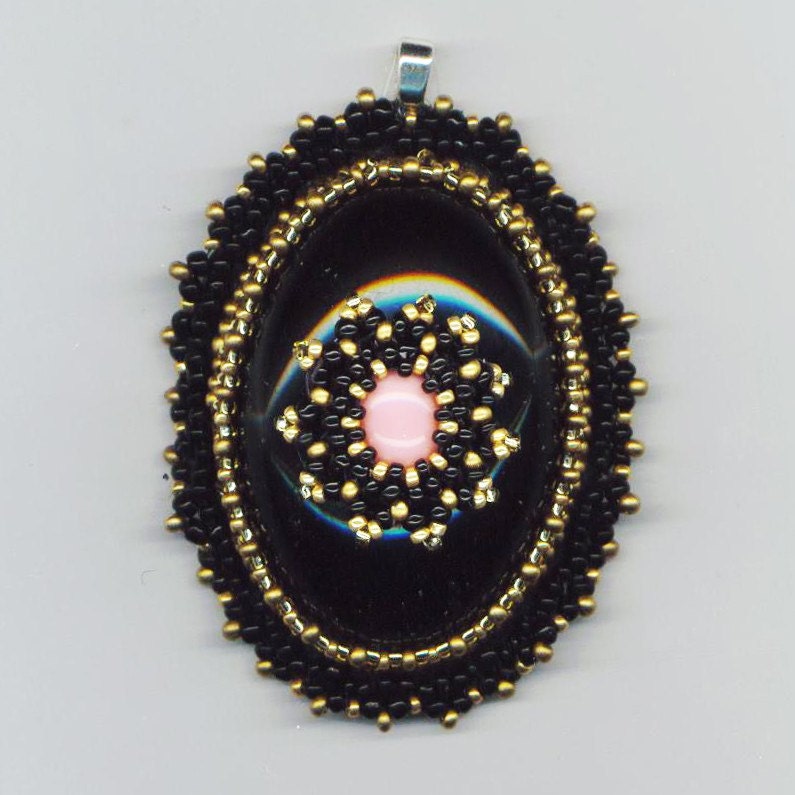 Beadwoven Pendant in Black, Gold, Rose/Pink . Beaded Cabochon - Royal Flower by enchantedbeads on Etsy