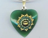 Heart Pendant . Beaded Flower . Beadwoven Green Jade Heart . Omega Sterling Silver Chain - Romantic Story by enchantedbeads on Etsy