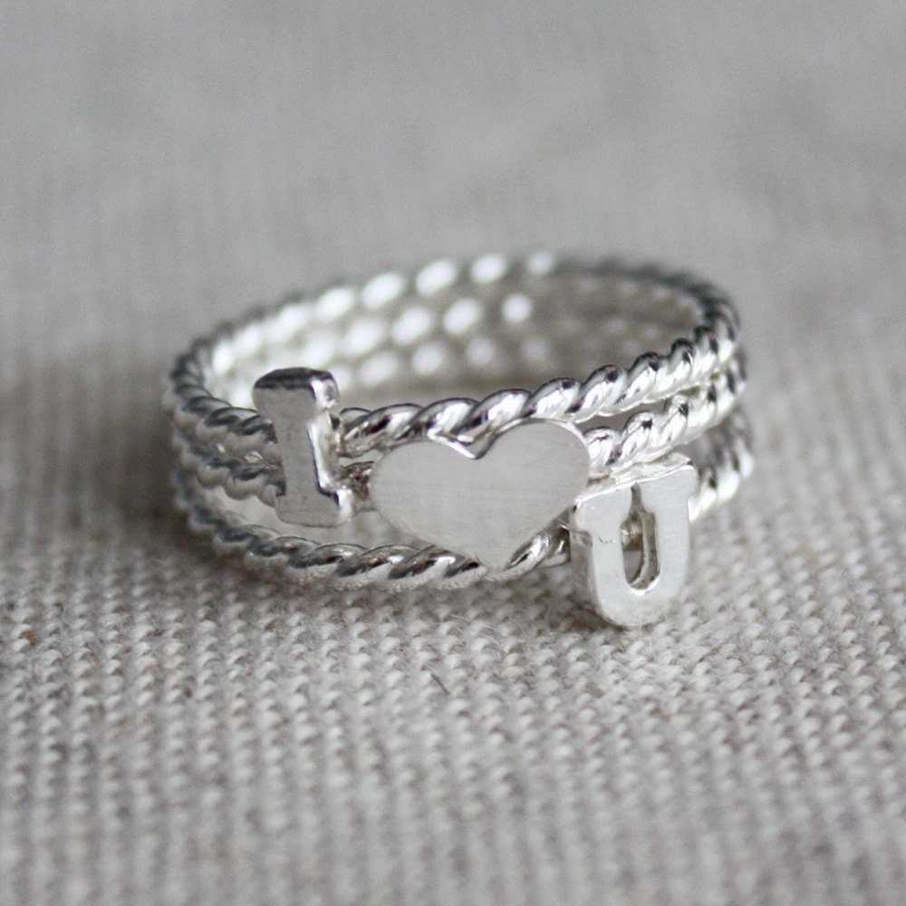 I (heart) U Ring Set - sterling silver with twist band - any size available