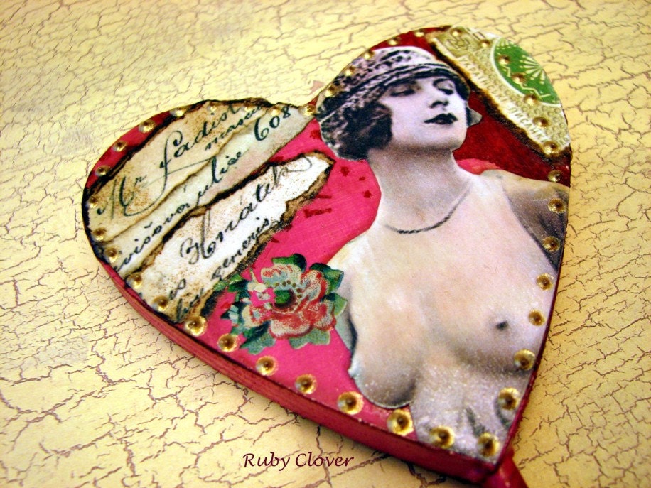 Plant Stake for Dirty Birds . Heart Shaped Ornament with Vintage Nude Woman