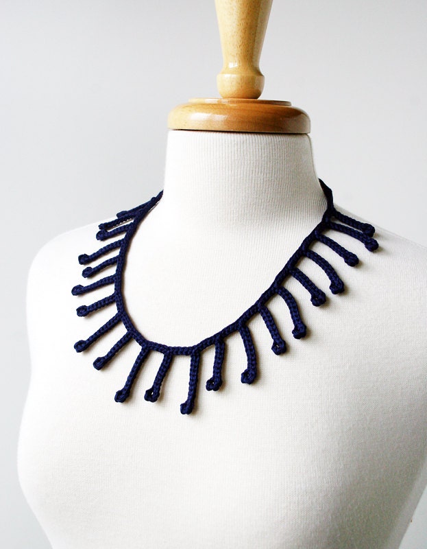 Fiber Art Jewelry - Silk Crocheted Lace Necklace / Lariat - Midnight Blue