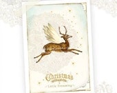 Deer, Christmas Card, Dreaming, Winged Deer, Cream Vintage Lace, White Christmas